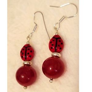 Beautiful Ruby Beads Lady Bug Earrings